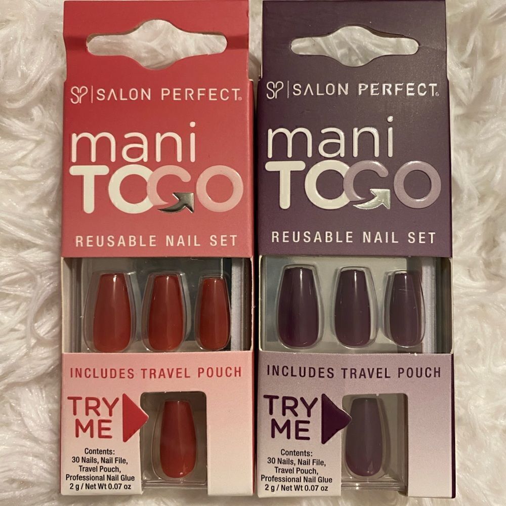 *NIB* (2) Salon Perfect Mani ToGo Reusable Nail Set Coffin, Purple & Dark Pink